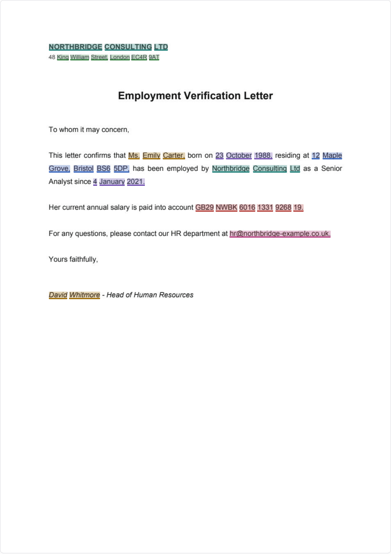 The same employment letter before and after redaction: personal details highlighted by category on the left, opaque black bars on the right — the masked text is permanently removed from the PDF.