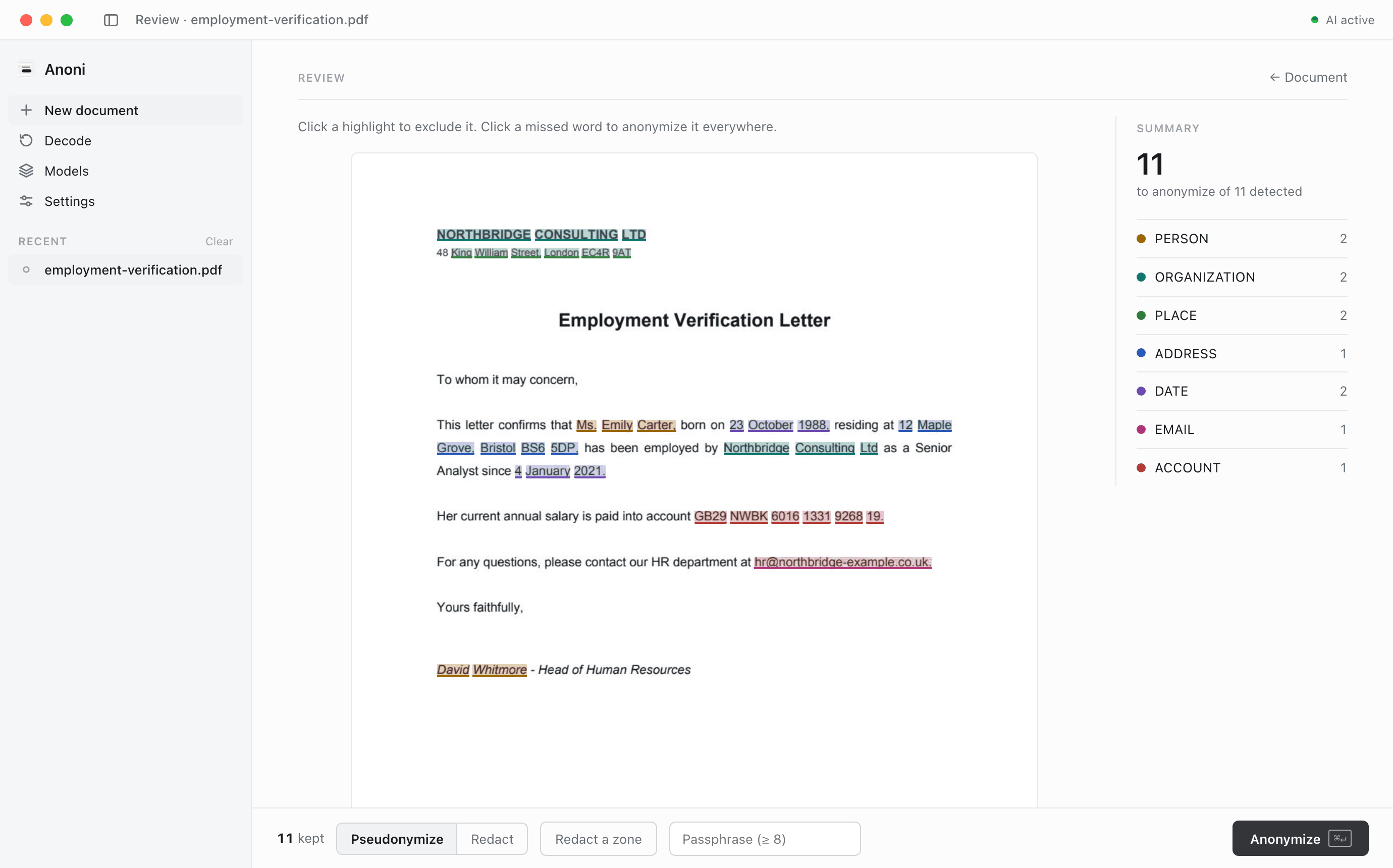The Anoni app reviewing an employment verification letter: every detected personal detail highlighted by category, with the detection summary on the right.