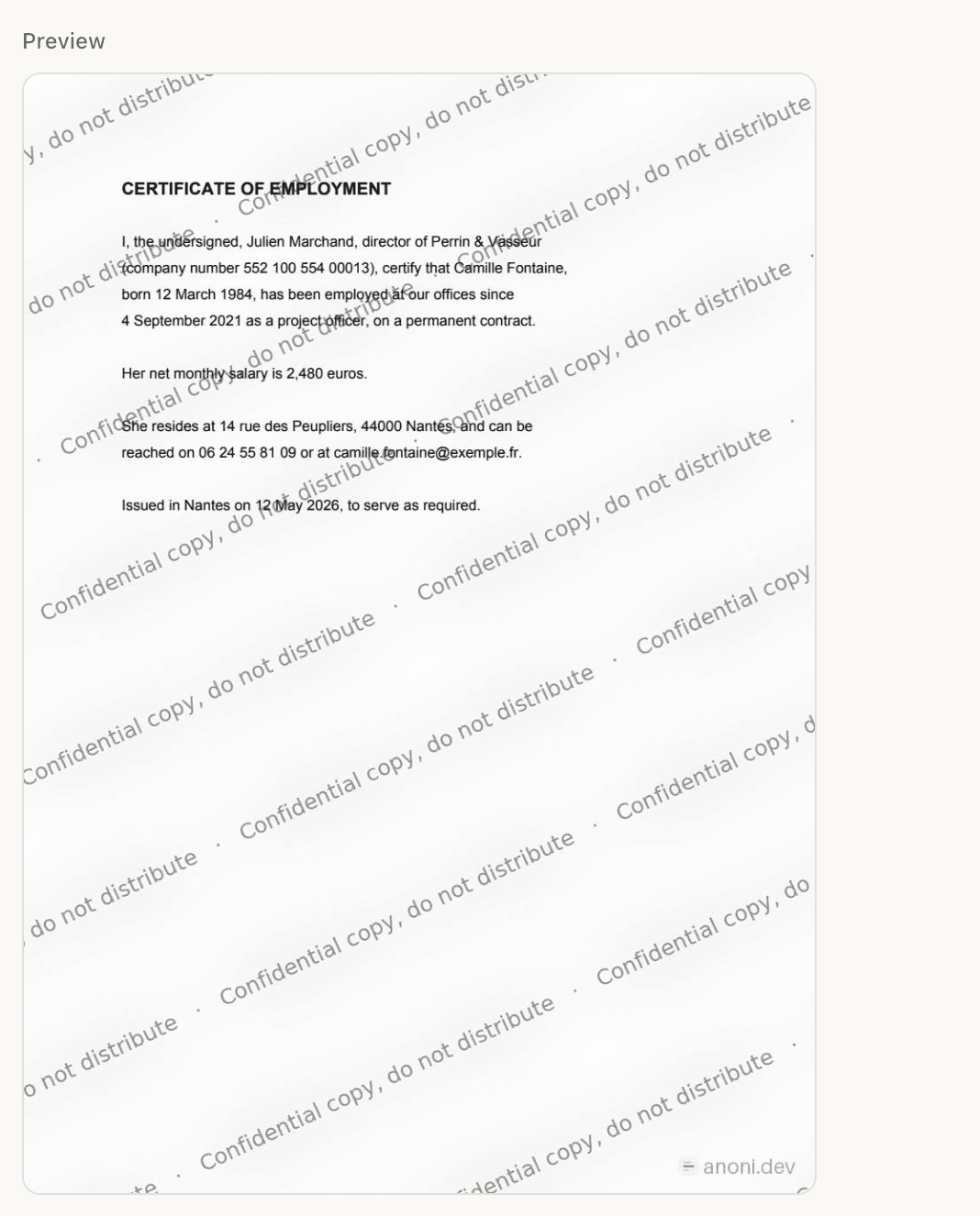 The Preview panel: the certificate with the sentence tiled diagonally across the page, the document text still readable underneath, and the anoni.dev mark bottom right.