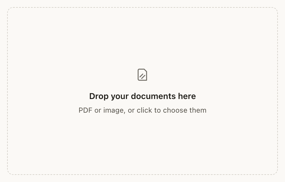 Anoni's drop zone, empty: a dashed frame, a document icon, “Drop your documents here” and “PDF or image, or click to choose them”.
