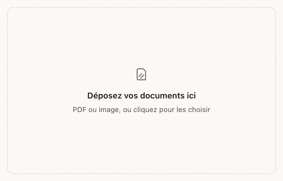 La zone de dépôt d’Anoni, vide : un cadre en pointillés, une icône de document, « Déposez vos documents ici » et « PDF ou image, ou cliquez pour les choisir ».