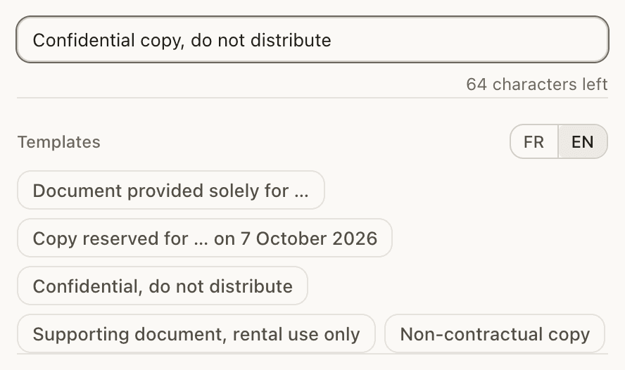 The watermark field holding “Confidential copy, do not distribute”, the counter “64 characters left”, and below it the five templates with the FR / EN switch.