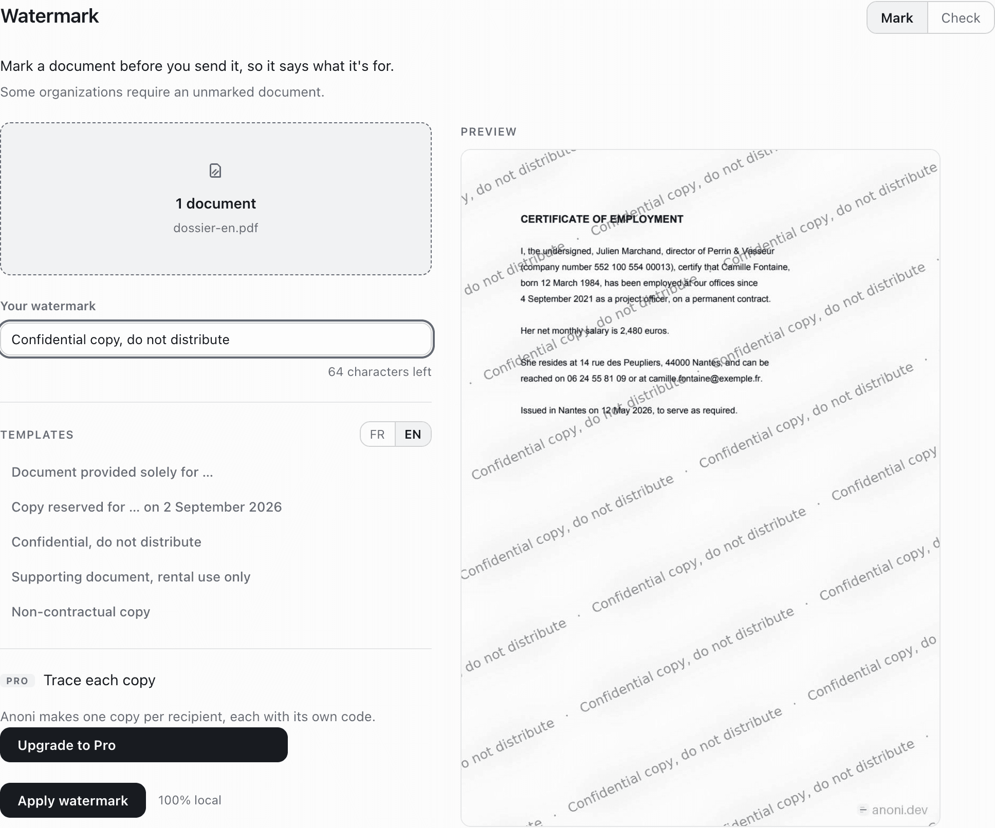 Anoni’s Watermark screen: the sentence and its templates on the left, the live preview of the marked page on the right.