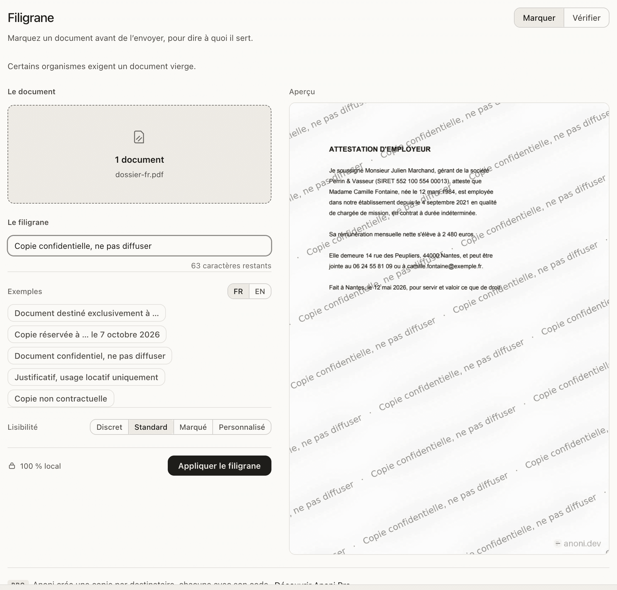 L’écran « Filigrane » d’Anoni : à gauche le document choisi, le champ de saisie et les modèles ; à droite l’aperçu de la page marquée.