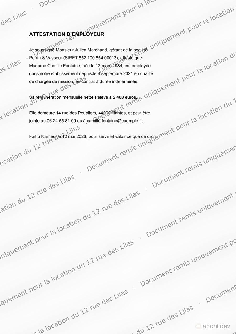 Une attestation d’employeur marquée : la phrase « Document remis uniquement pour la location du 12 rue des Lilas » répétée en diagonale sur toute la page, le texte restant lisible dessous.