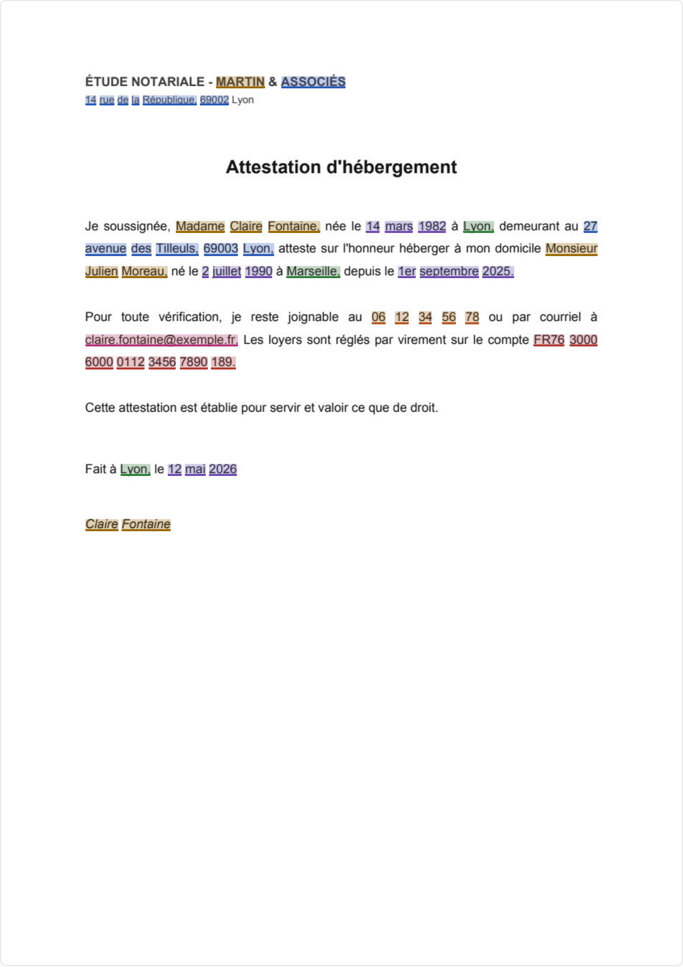 La même attestation d’hébergement avant et après caviardage : à gauche les données personnelles surlignées par catégorie, à droite des barres noires opaques — le texte masqué est définitivement supprimé du PDF.